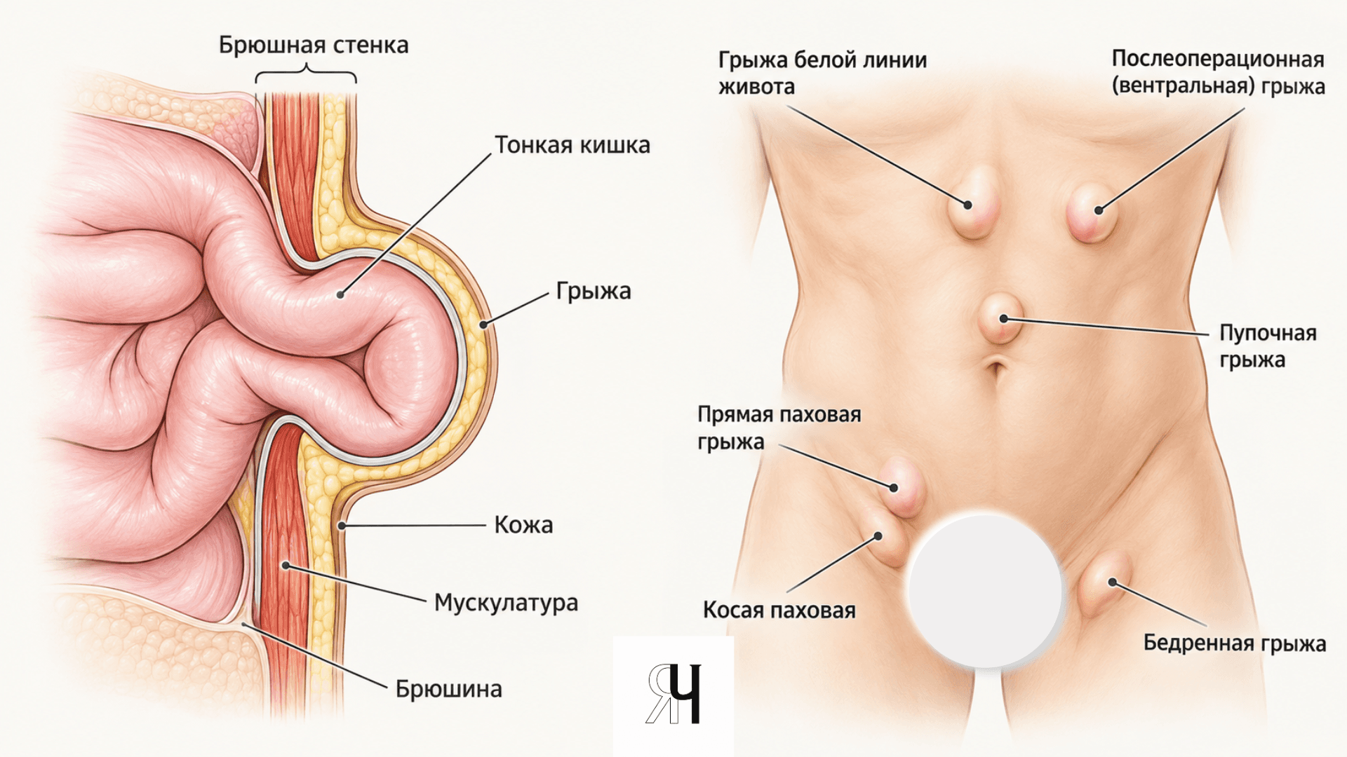 Схема строения брюшной стенки и видов грыж